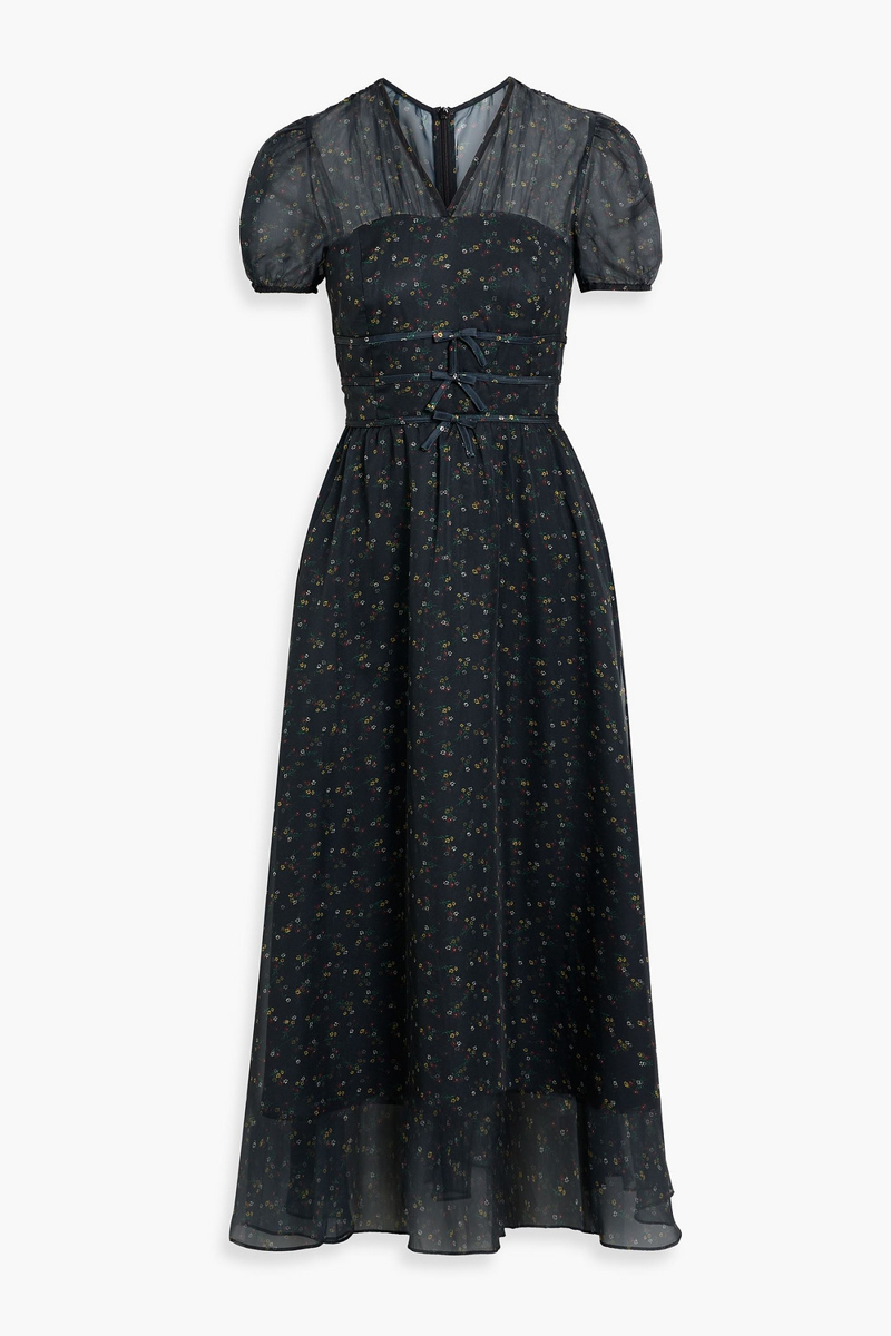 hvn - scarlett layered floral-print chiffon and satin midi dress - black - us 2