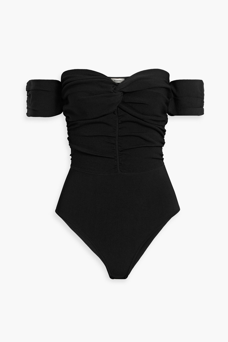 sandro - off-the-shoulder twisted stretch-knit bodysuit - black - 1