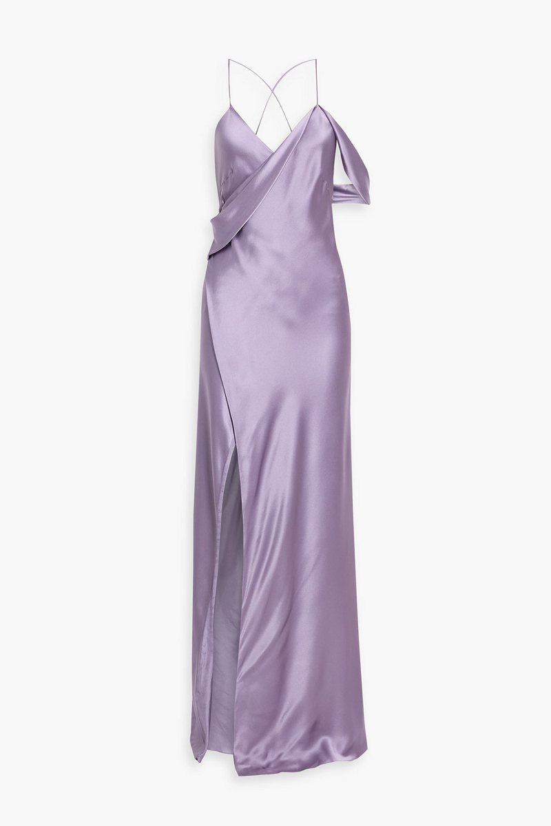 michelle mason - draped silk-satin wrap gown - purple - us 0