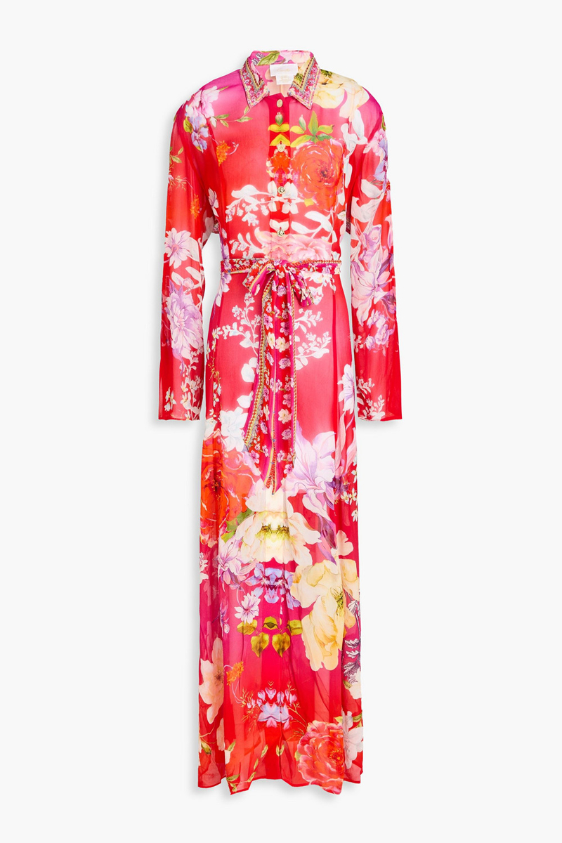 camilla - crystal-embellished floral-print silk-georgette trench coat - red - xs