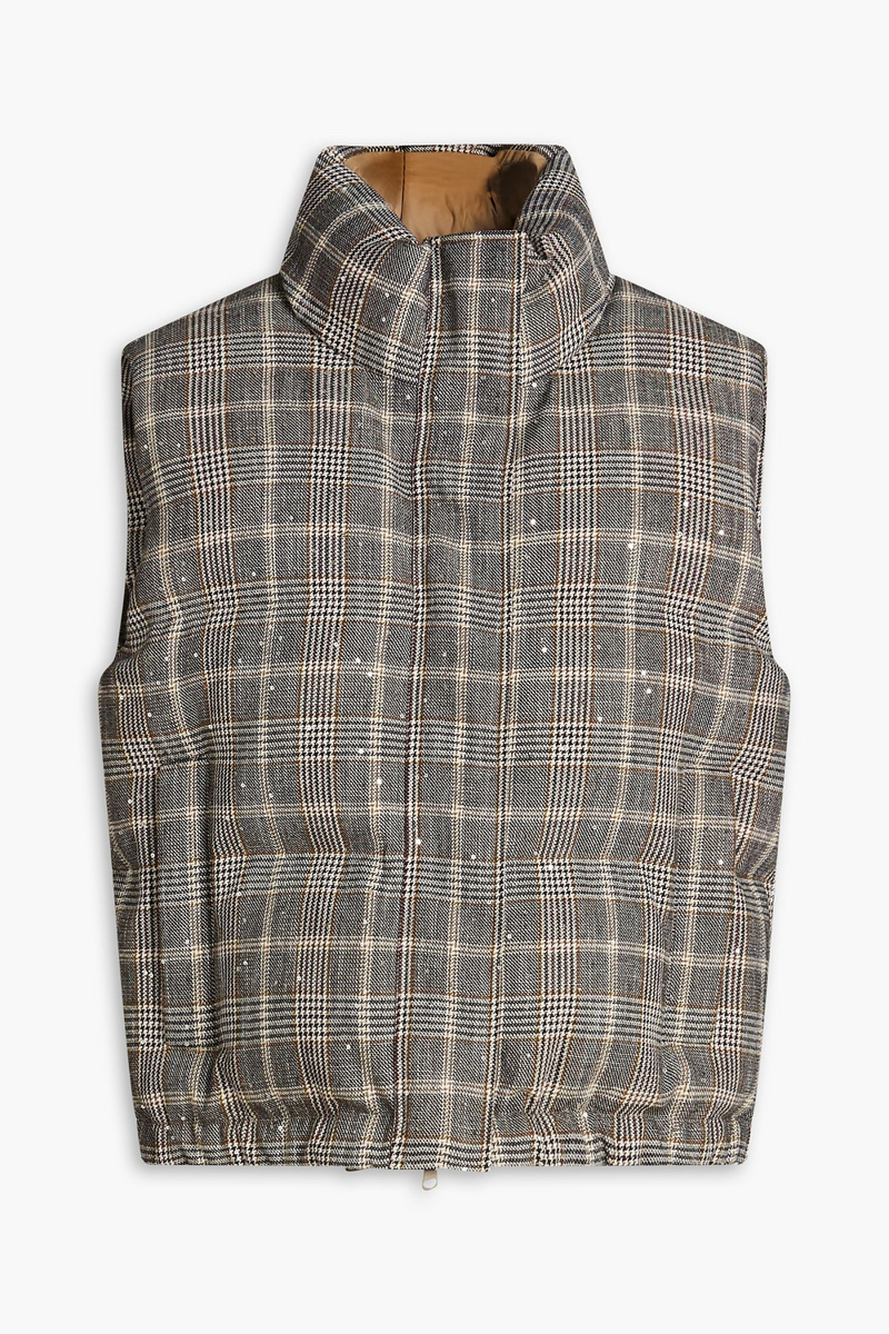 brunello cucinelli - embellished prince of wales checked quilted wool-blend tweed vest - black - it 44