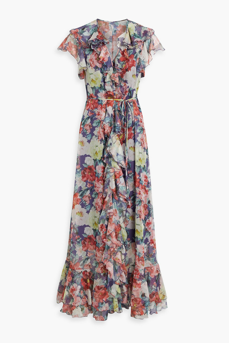 mikael aghal - ruffled floral-print chiffon maxi dress - blue - us 2