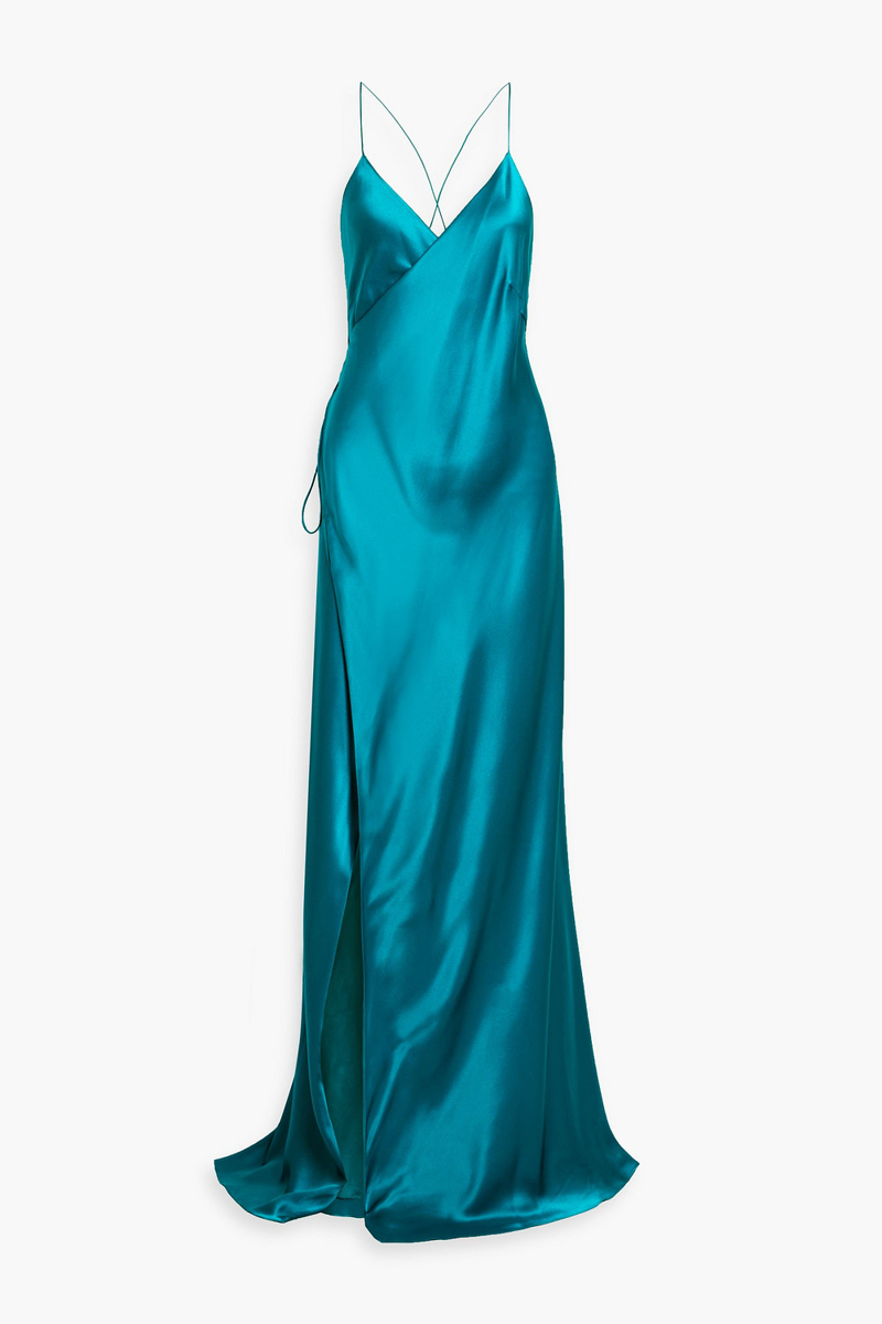 michelle mason - silk-satin wrap gown - blue - us 10