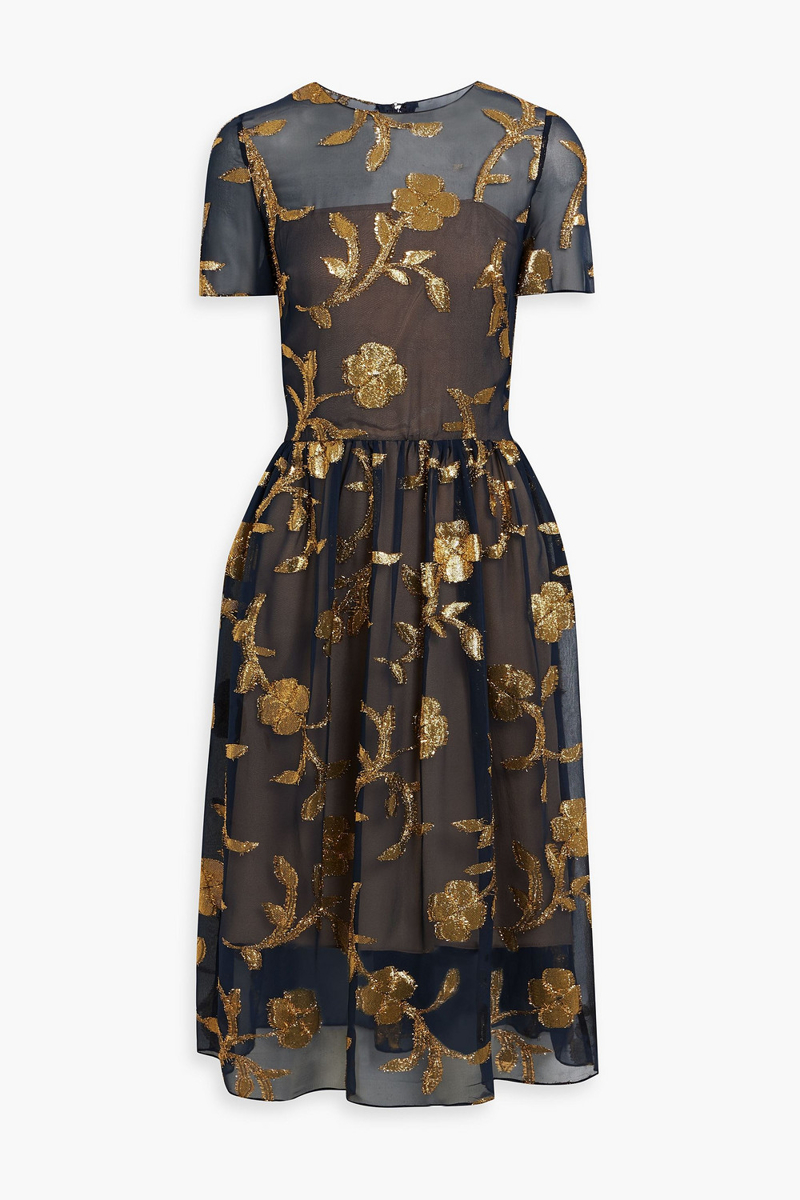 oscar de la renta - metallic fil coupé silk-blend chiffon midi dress - blue - us 4