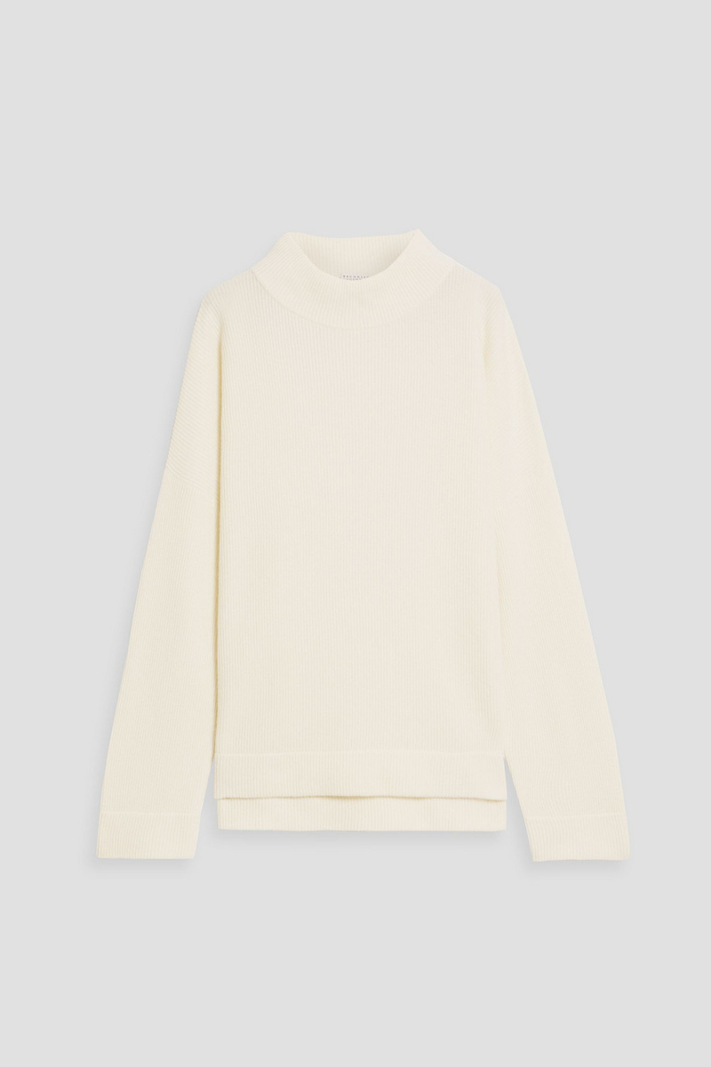 brunello cucinelli - bead-embellished ribbed cashmere mock-neck sweater - white - m