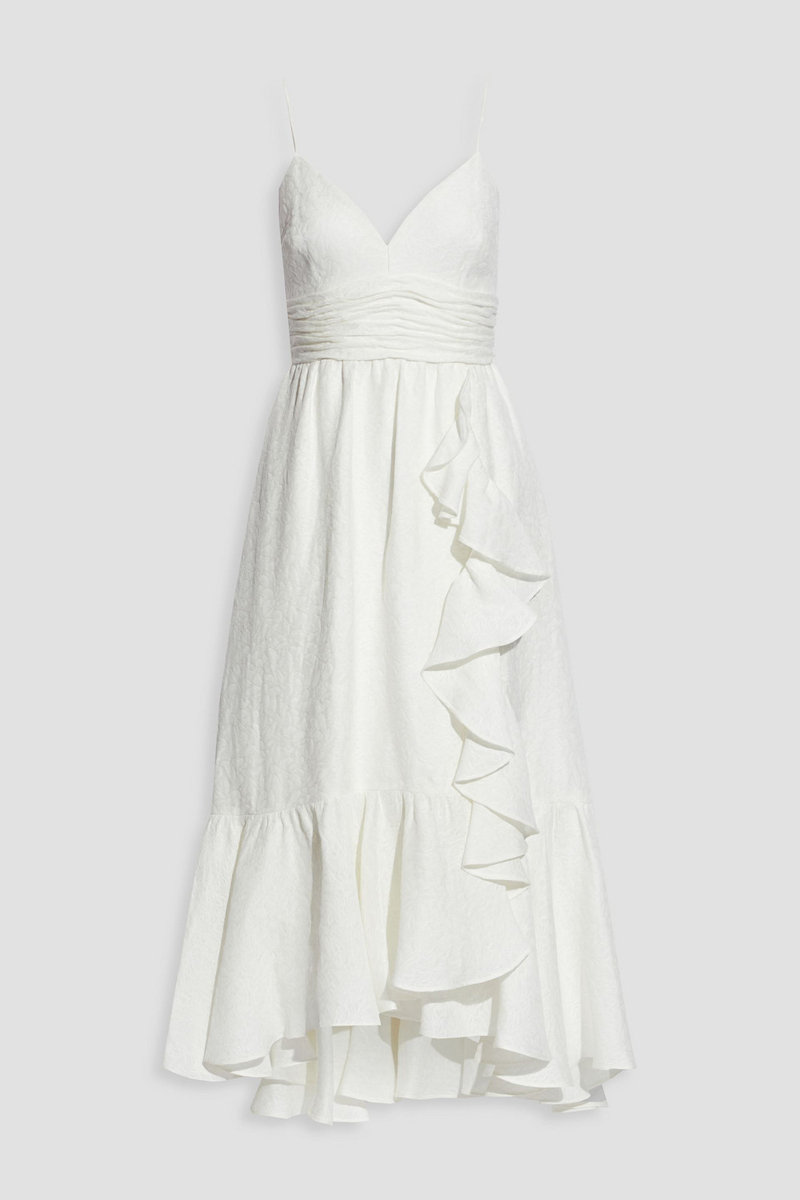 Theia - Wrap-effect tiered ruffled jacquard midi dress - White - US 16