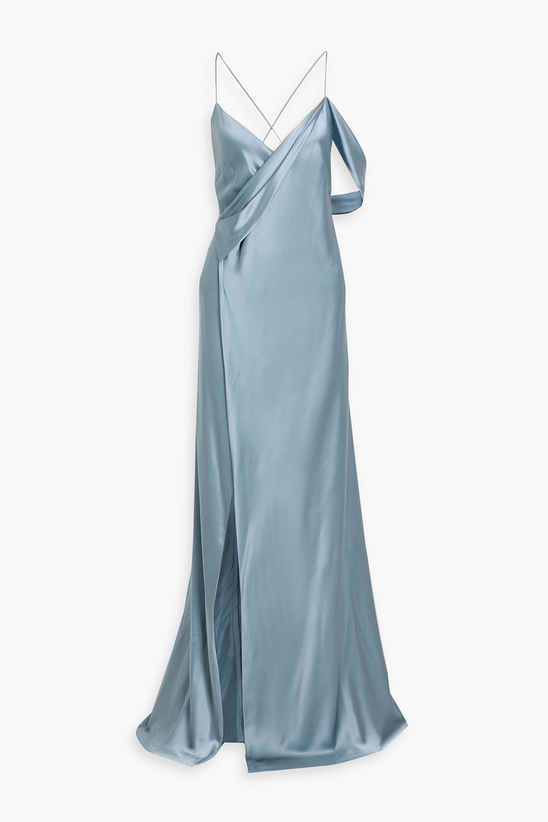 michelle mason - draped silk-satin wrap gown - blue - us 0