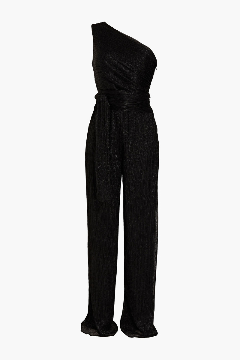 Halston - Romee one-shoulder metallic crinkled jersey wide-leg jumpsuit - Black - US 0
