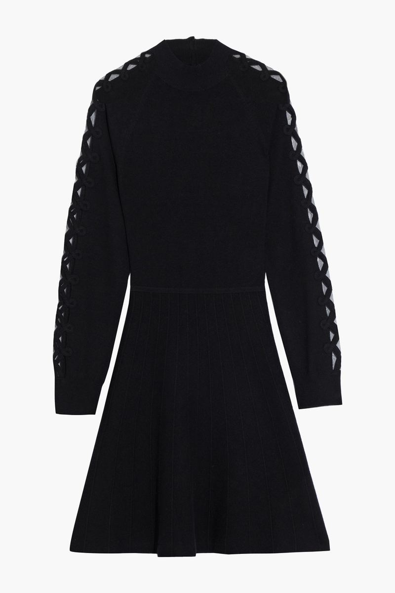 LELA ROSE - Appliquéd tulle-trimmed wool and silk-blend mini dress - Black - M