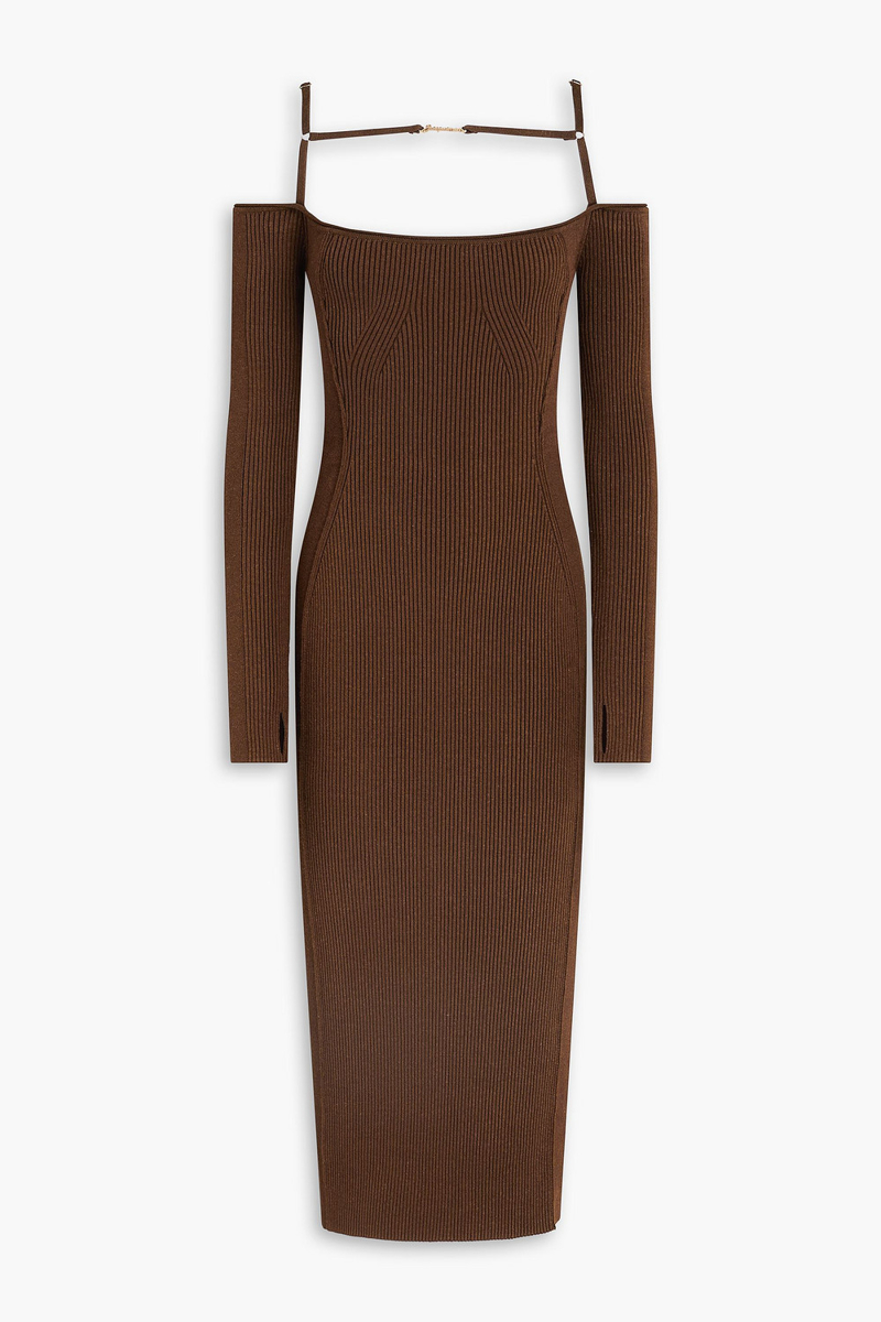 jacquemus - sierra off-the-shoulder ribbed-knit midi dress - brown - fr 44