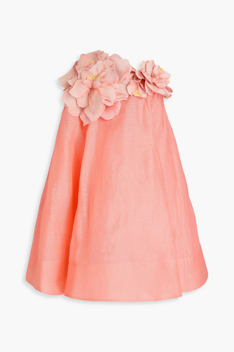 zimmermann - strapless floral-appliquéd linen and silk-blend gauze mini dress - orange - 00