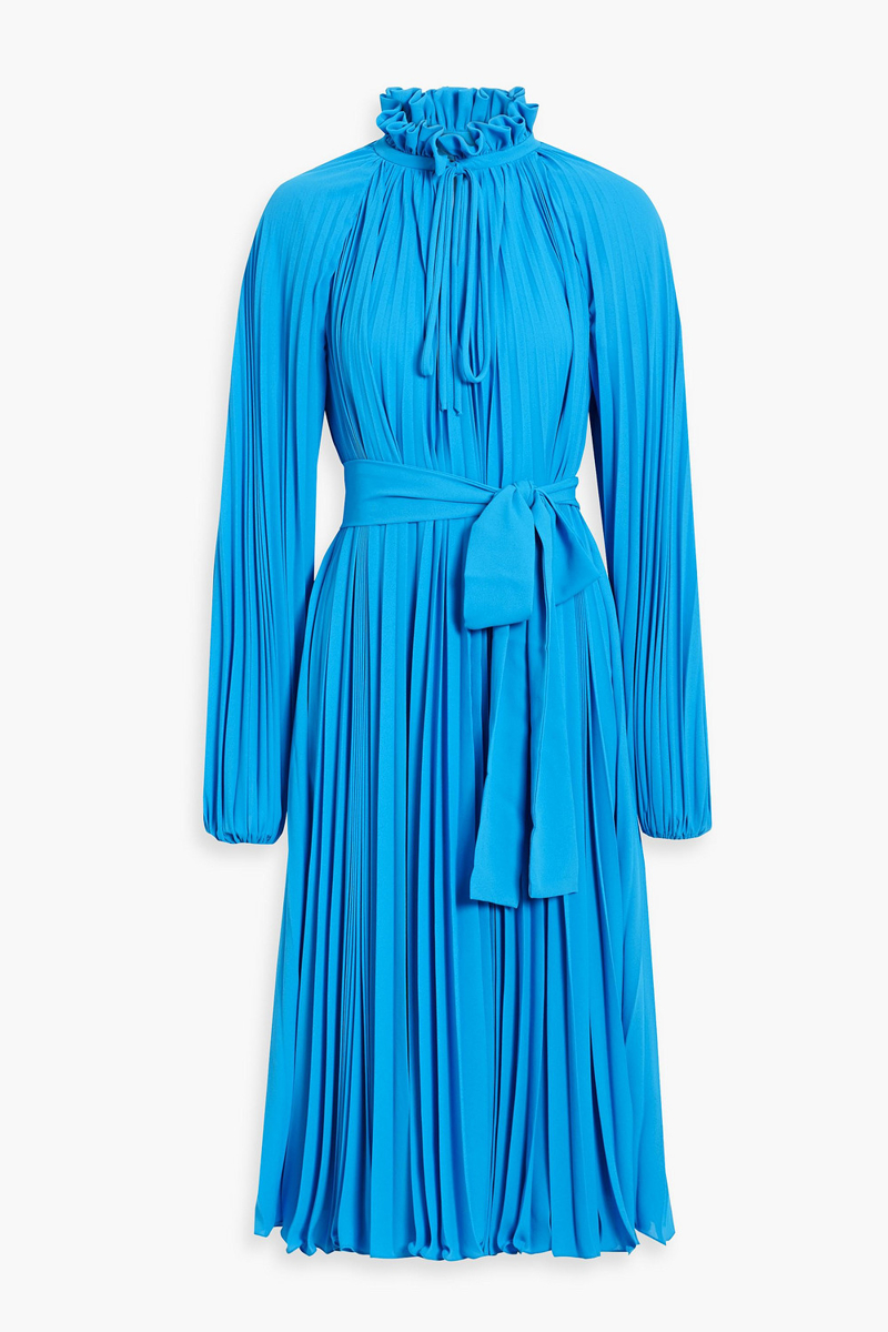 Monique Lhuilier - Pleated belted crepe midi dress - Blue - US 4