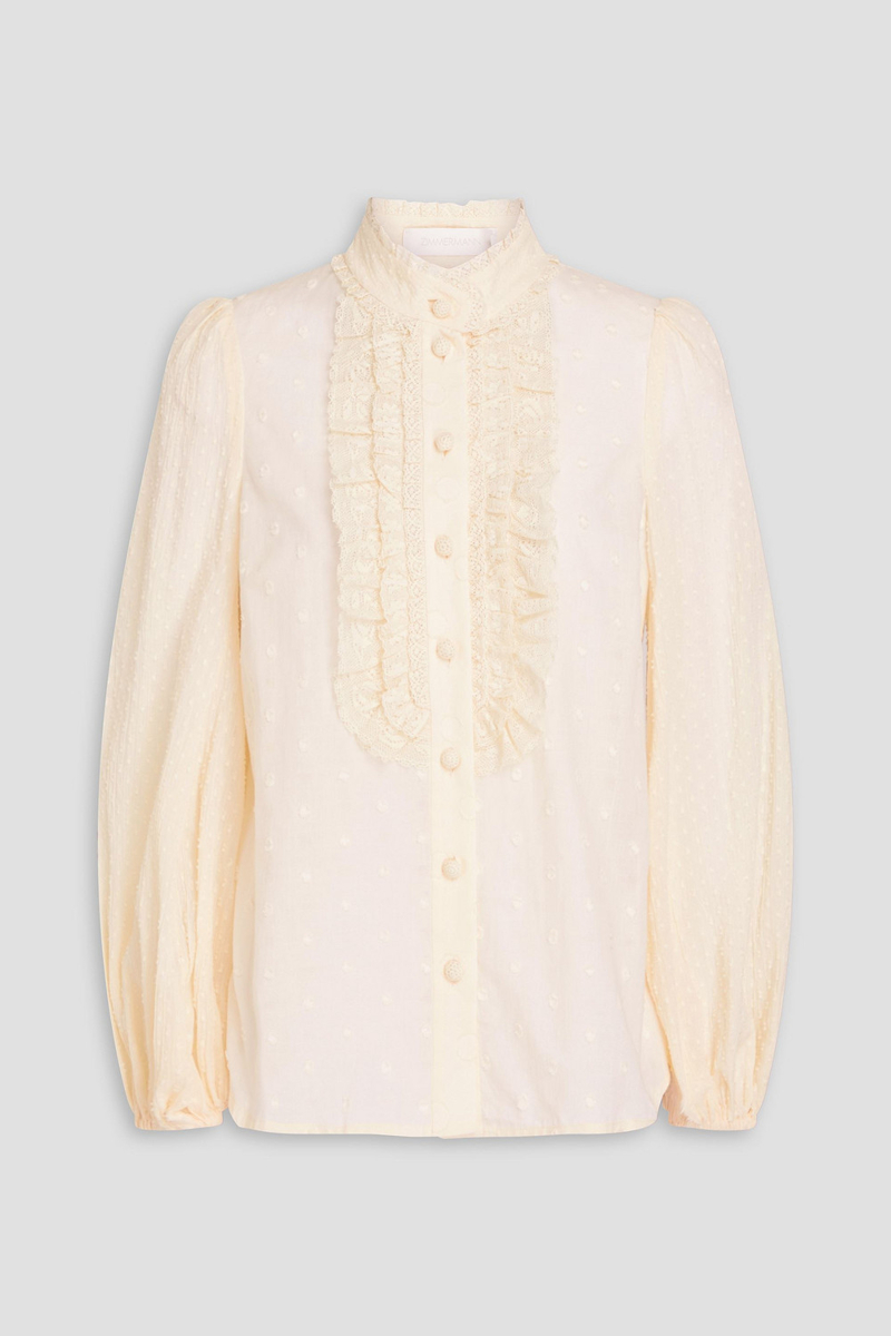zimmermann - ruffled crocheted lace-trimmed fil coupé cotton-voile blouse - white - 00