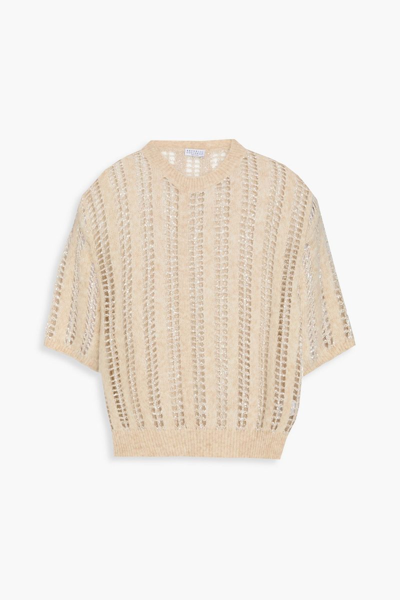 brunello cucinelli - metallic open-knit wool and mohair-blend sweater - neutral - l