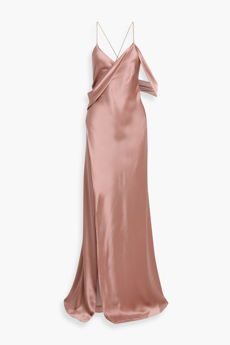 michelle mason - draped silk-satin wrap gown - pink - us 4