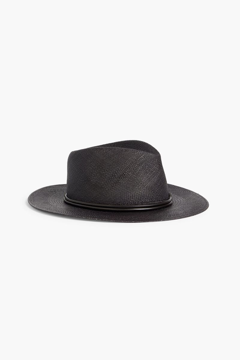 Brunello Cucinelli - Leather-trimmed bead-embellished straw fedora - Black - M