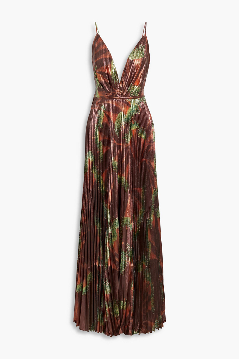 johanna ortiz - western gardens pleated printed lamé maxi dress - brown - us 6