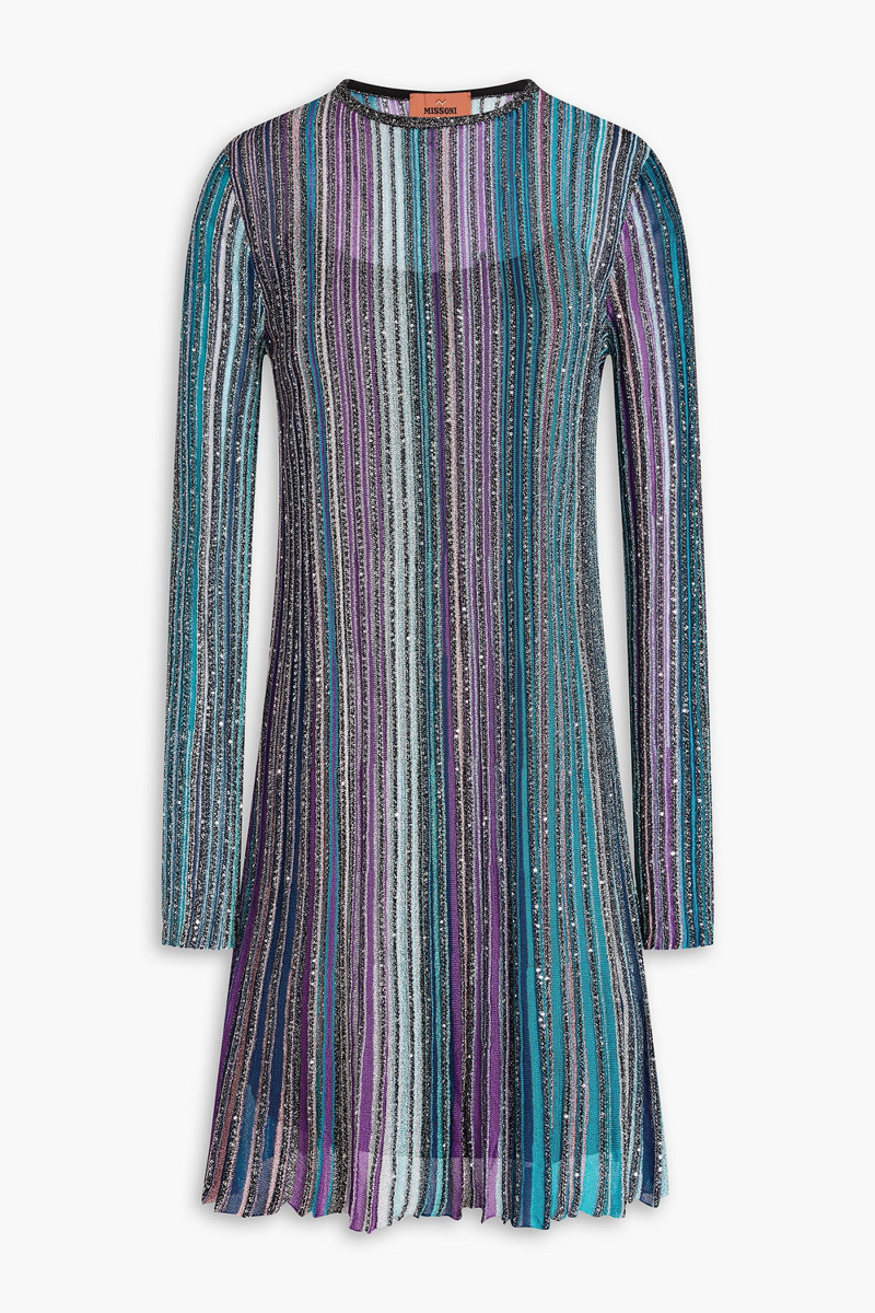 missoni - sequin-embellished metallic striped ribbed-knit mini dress - blue - it 42