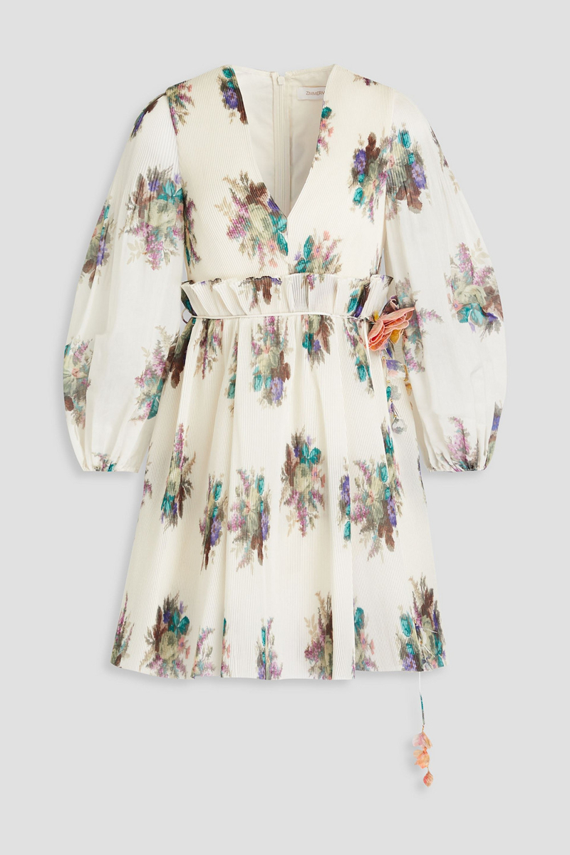 Zimmermann - Belted pleated floral-print organza mini dress - White - 00