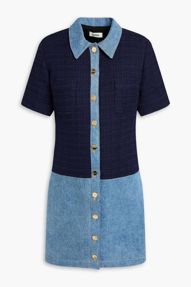 sandro - denim-paneled tweed mini shirt dress - blue - fr 34