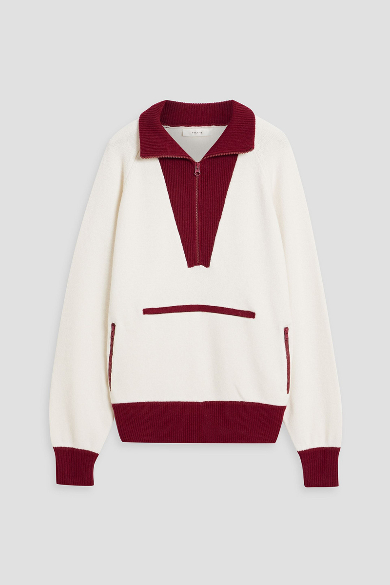 frame - two-tone wool-blend half-zip sweater - white - xs