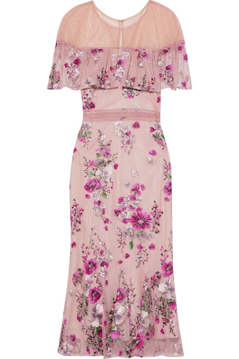 marchesa notte - cape-effect embroidered glittered tulle midi dress - pink - us 2