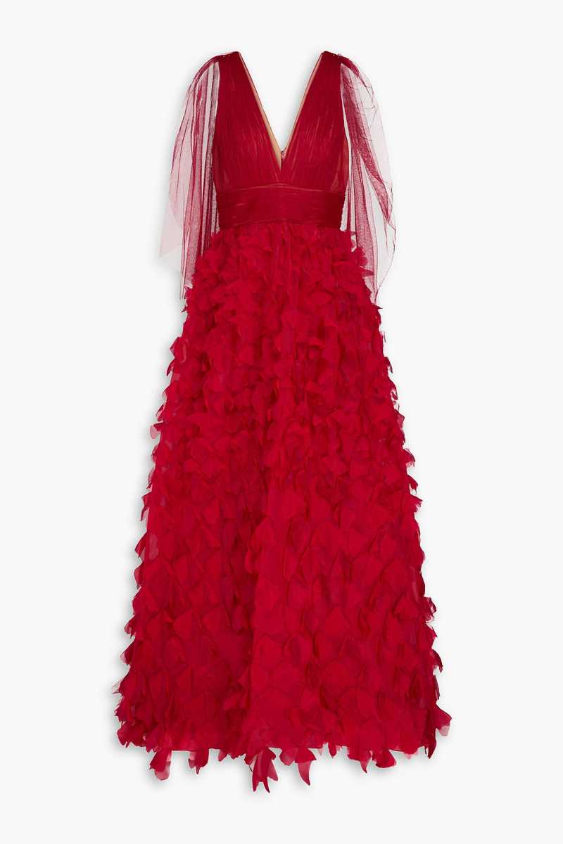 marchesa notte - appliquéd plissé-tulle and organza gown - red - us 6