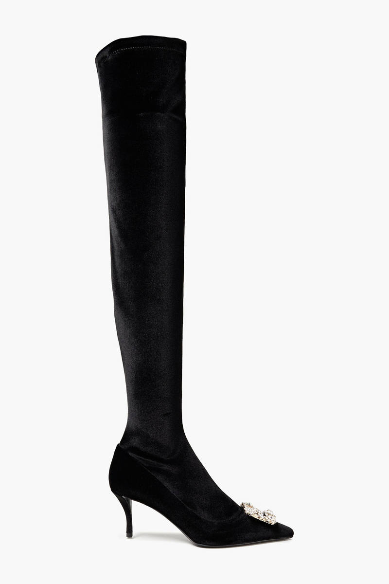Roger Vivier - Crystal-embellished velvet over-the-knee boots - Black - EU 38