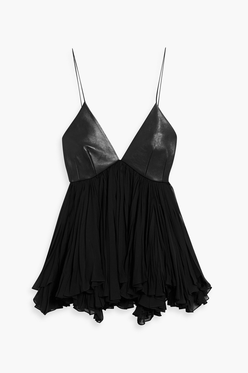 khaite - anita ruffled silk-chiffon and leather top - black - us 8