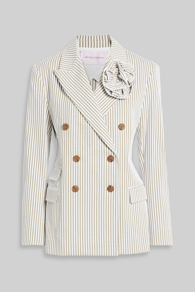 carolina herrera - double-breasted embroidered striped cotton blazer - white - m