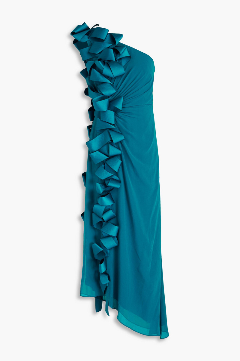 badgley mischka - one-shoulder bow-detailed draped georgette gown - blue - us 4