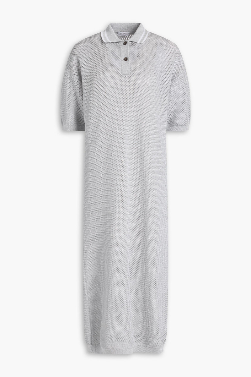brunello cucinelli - metallic open-knit cotton-blend midi dress - metallic - m