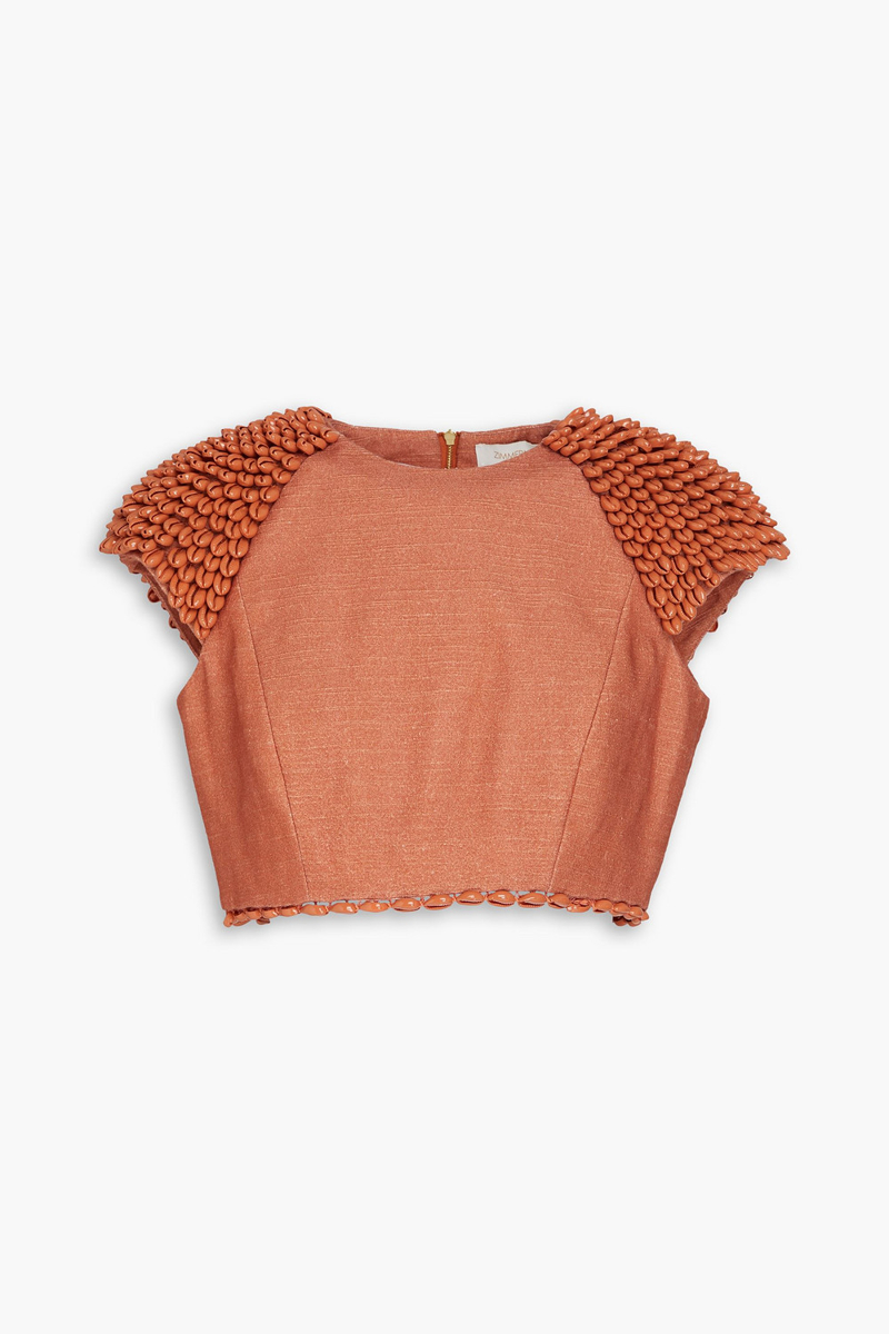 zimmermann - cropped shell-embellished cotton and linen-blend top - brown - 00