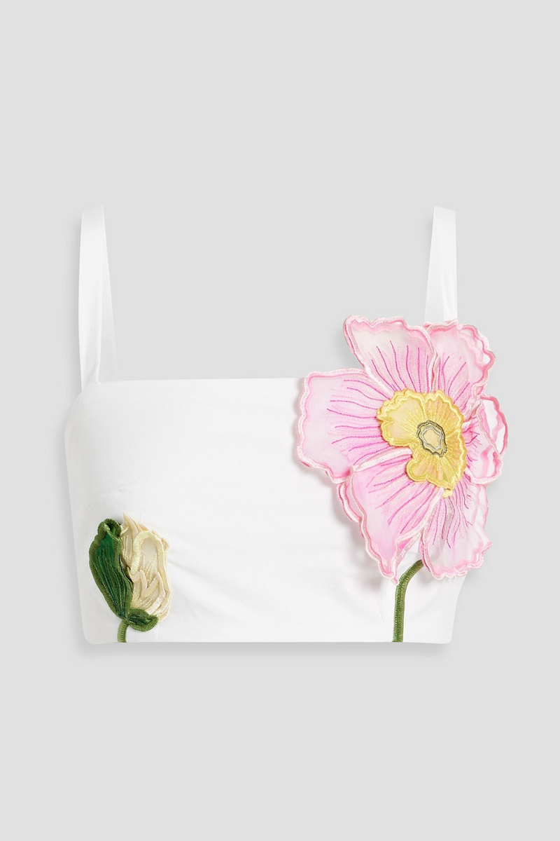 oscar de la renta - cropped floral-appliquéd cotton-blend poplin top - white - us 8