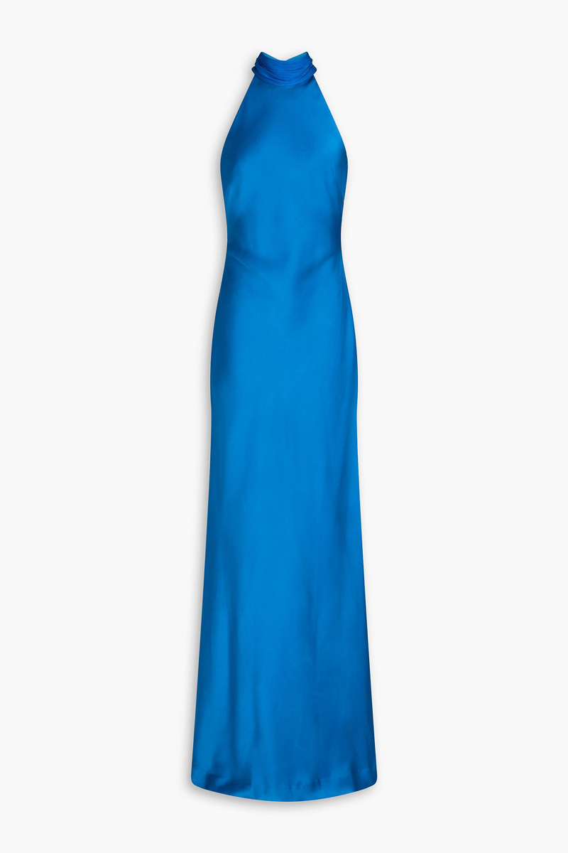 halston - speranza draped chiffon and satin gown - blue - us 14