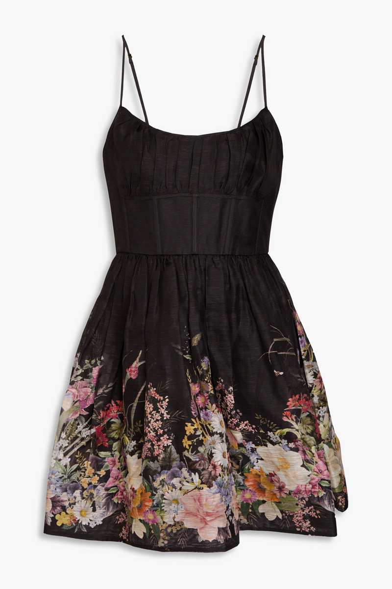 zimmermann - pleated floral-print linen and silk-blend gauze mini dress - black - 3