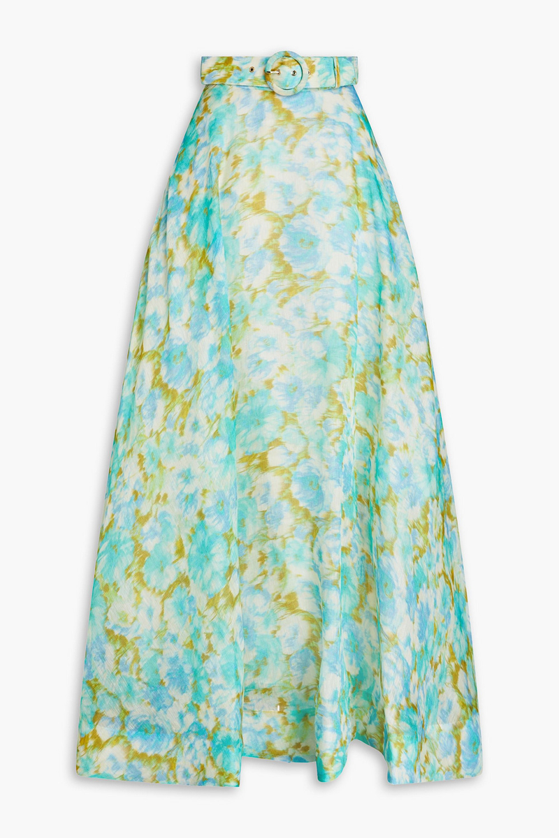 Zimmermann - Belted floral-print linen and silk-blend maxi skirt - Blue - 4