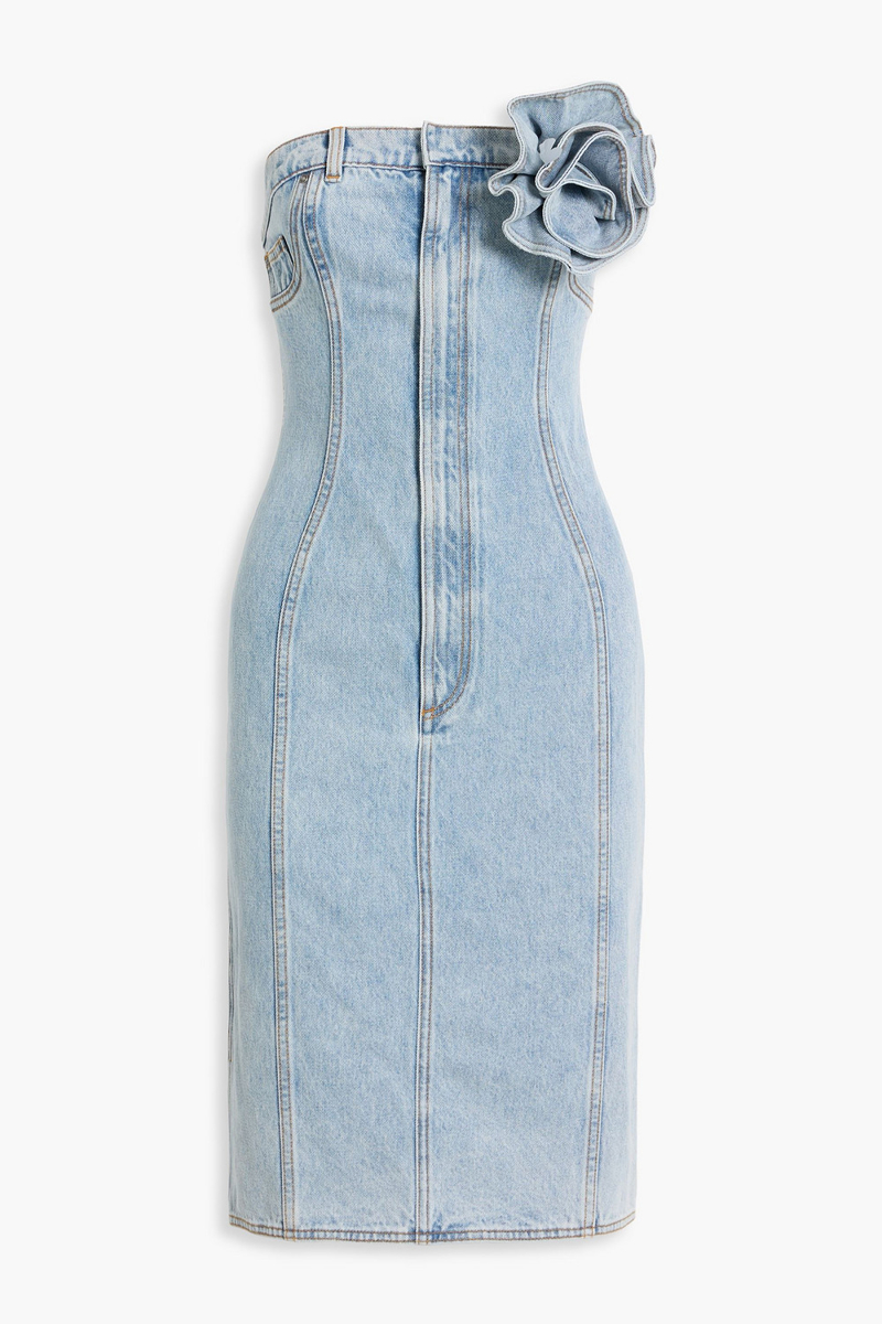 area - strapless floral-appliquéd denim dress - blue - us 0
