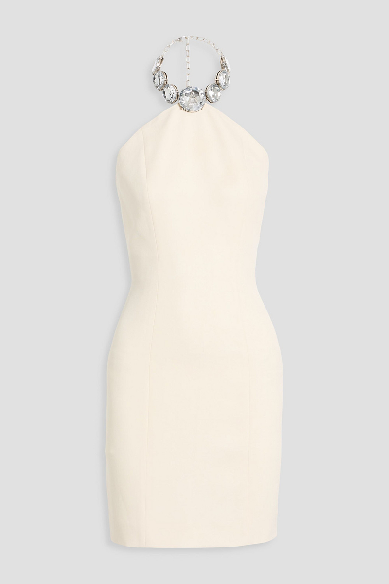 area - crystal-embellished wool-twill halterneck mini dress - white - us 4