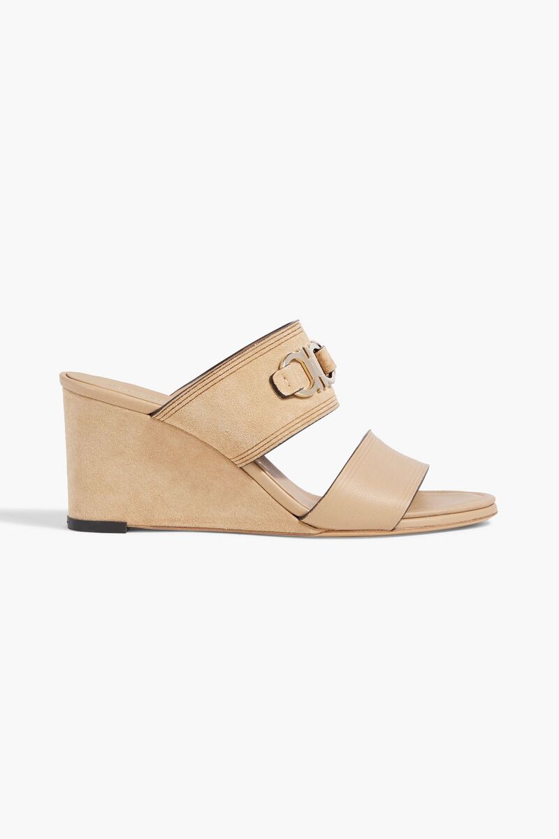 Ferragamo - Chaim 70 embellished leather and suede wedge mules - Neutral - US 10