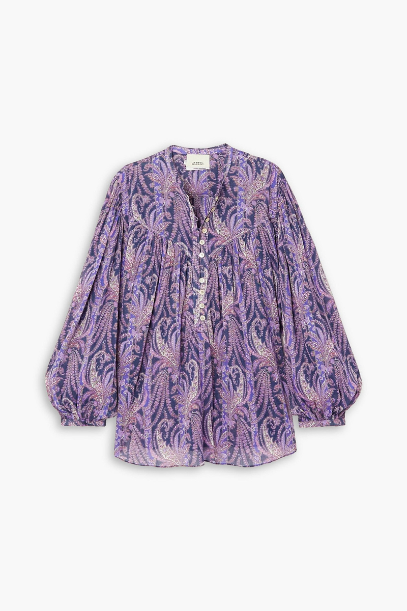 isabel marant - kiledia pleated paisley-print cotton and silk-blend blouse - purple - fr 38