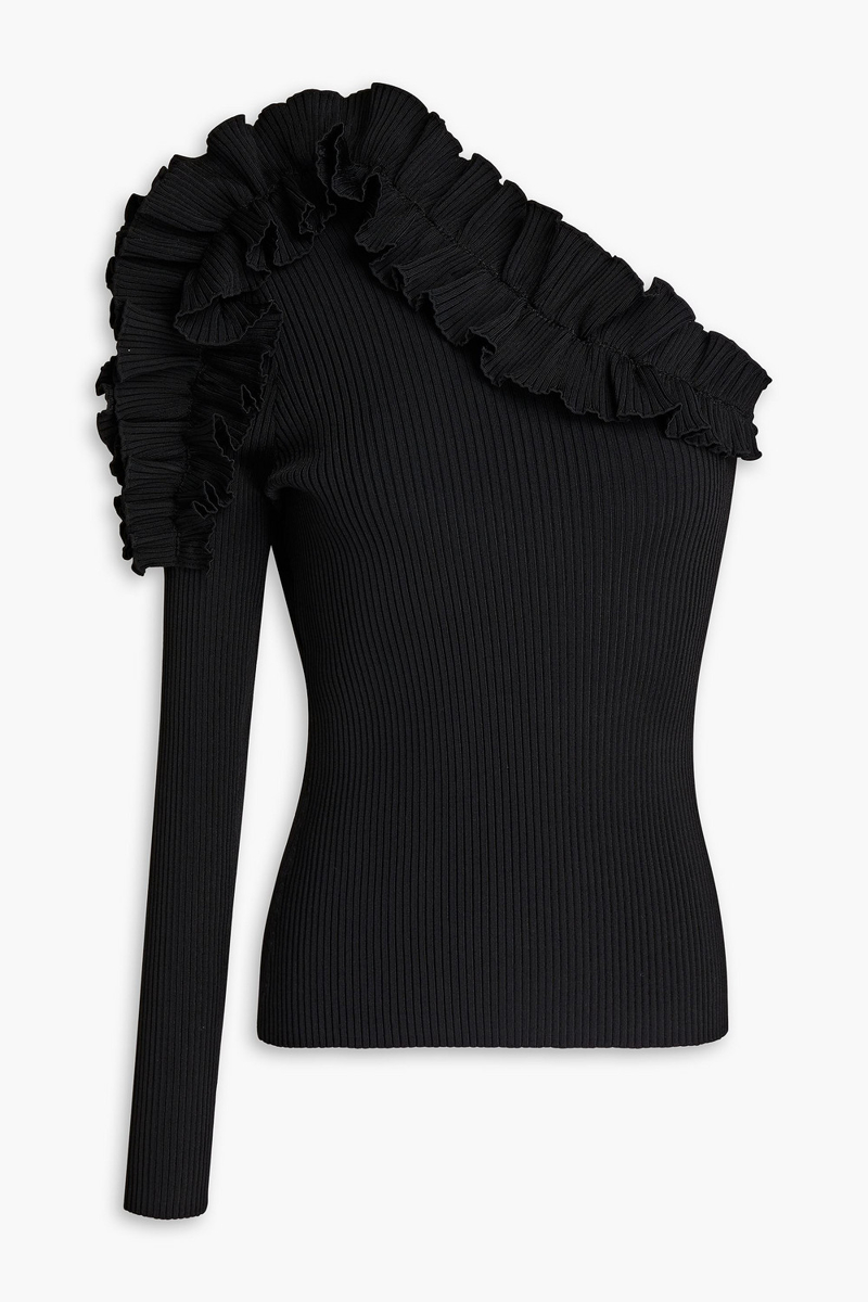 Zimmermann - One-sleeve ruffled ribbed-knit top - Black - 3