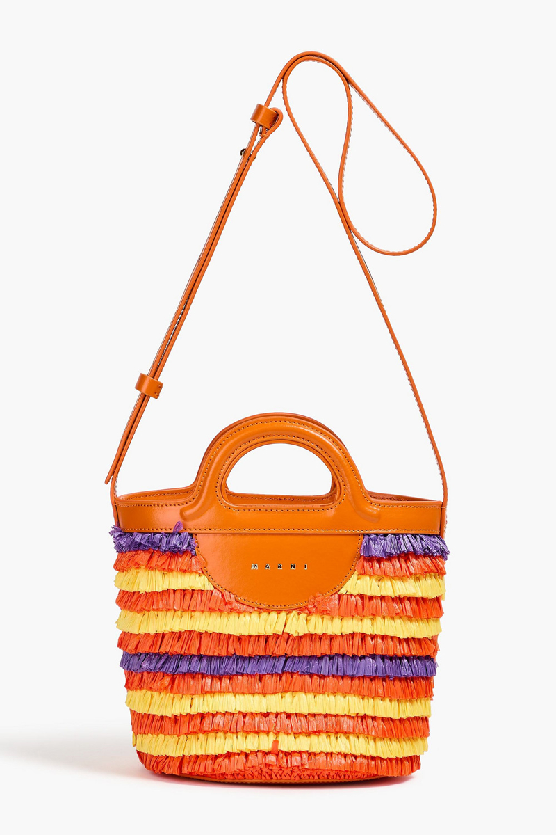 marni - tropicalia leather-trimmed faux raffia bucket bag - orange - onesize