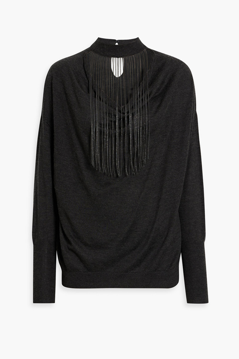 brunello cucinelli - bead-embellished cutout cashmere and silk-blend sweater - gray - m