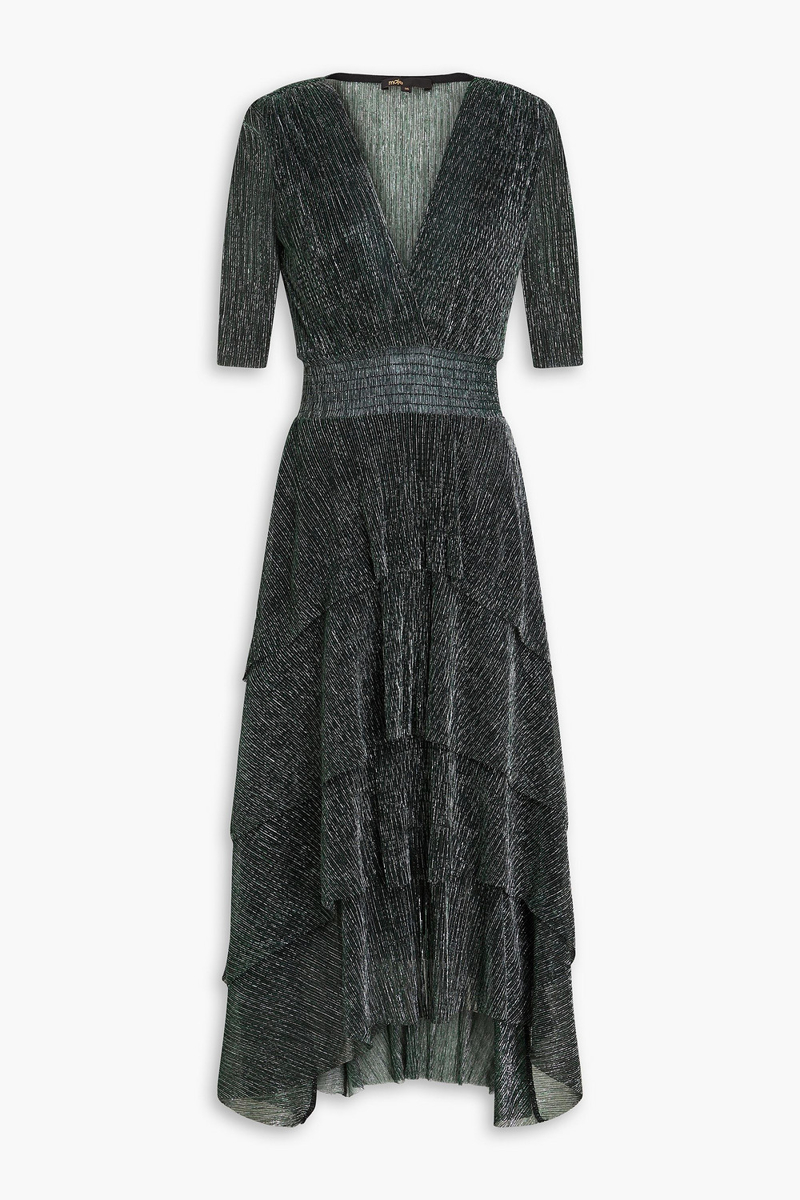 maje - tiered lamé midi dress - green - fr 36