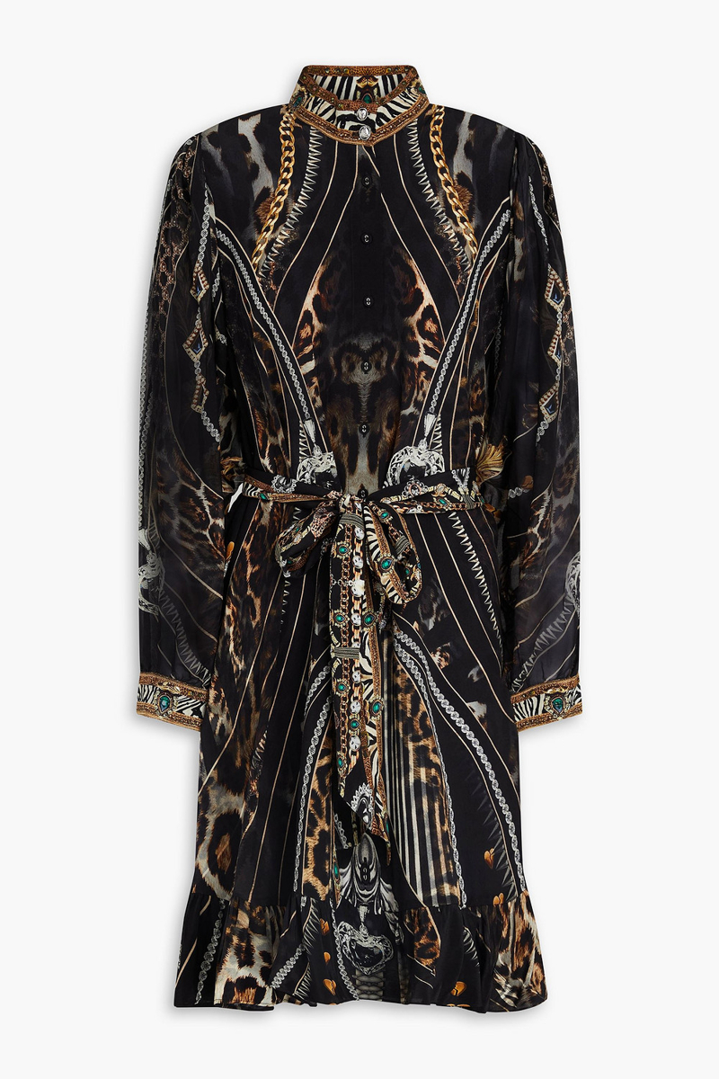 camilla - belted printed silk crepe de chine and voile mini dress - black - xs