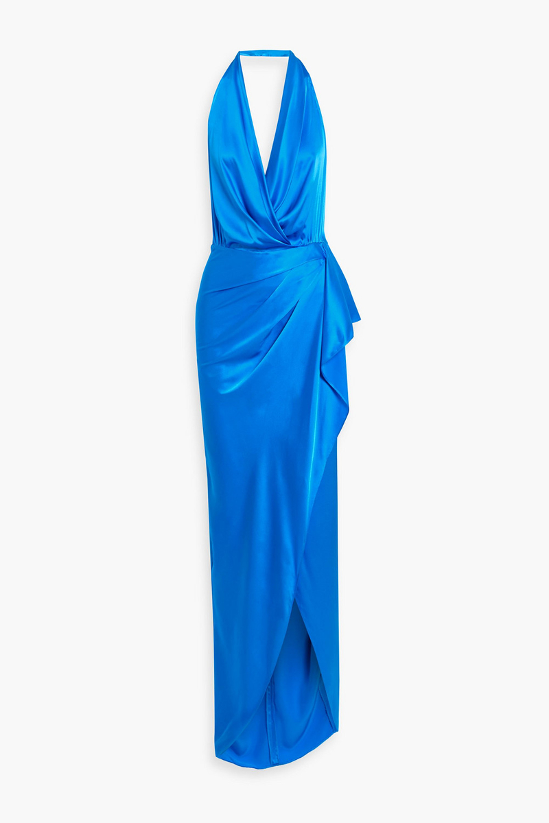 michelle mason - draped silk-satin halterneck gown - blue - us 0