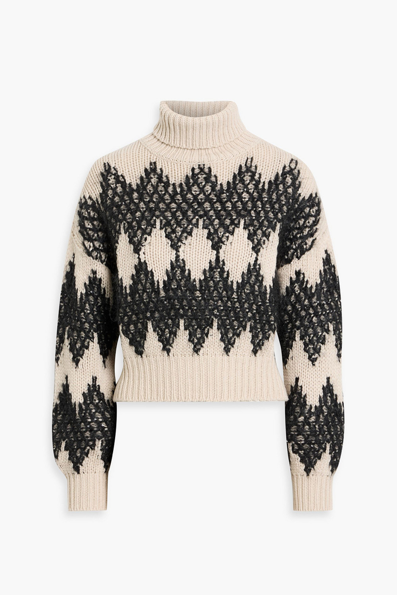 brunello cucinelli - embellished wool, cashmere and silk-blend turtleneck sweater - neutral - m