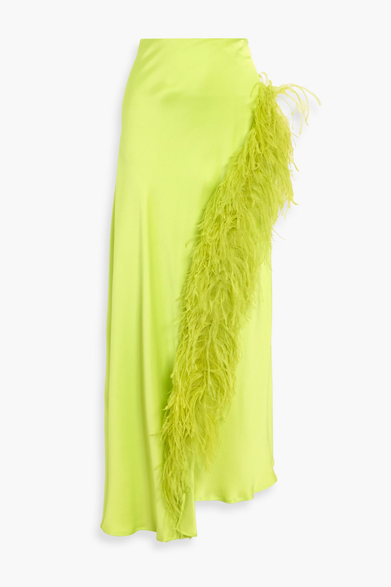 lapointe - wrap-effect feather-trimmed satin-crepe maxi skirt - green - us 0