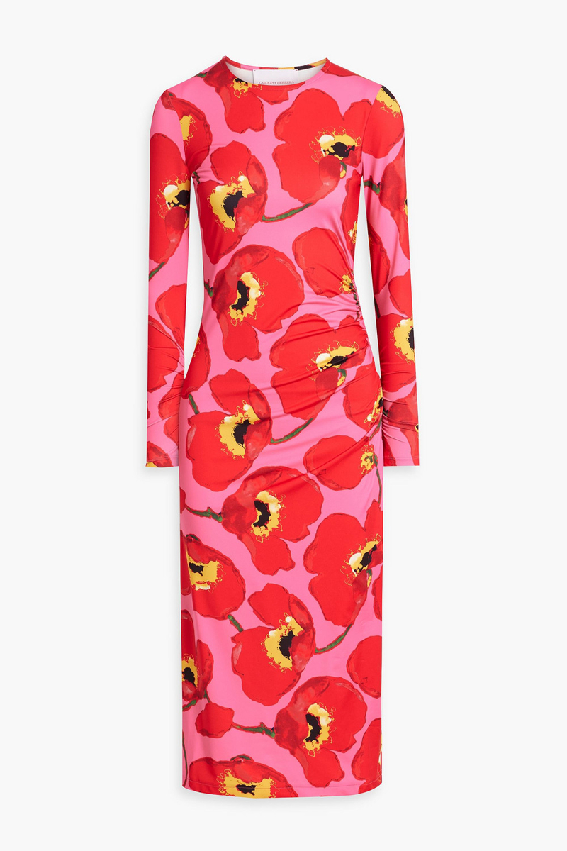Carolina Herrera - Ruched floral-print satin midi dress - Red - XS